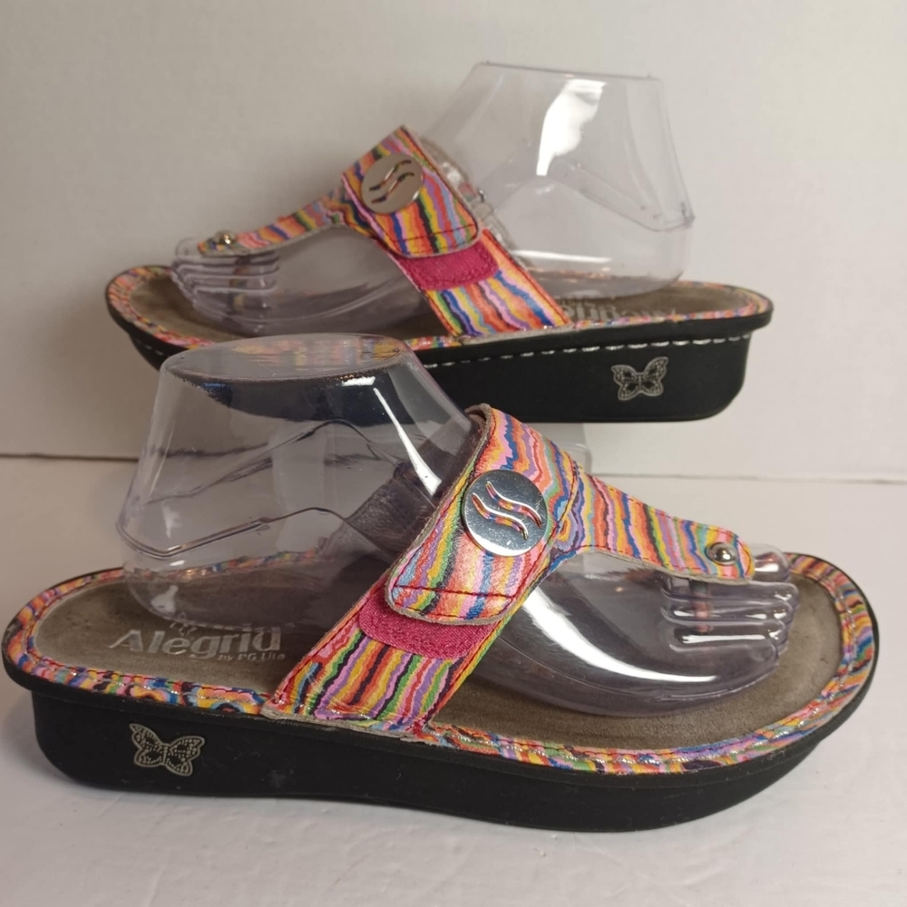 Alegria Womens Sandal Carina Electric Ave. Rainbow Leather Thong Comfort US 9.5
